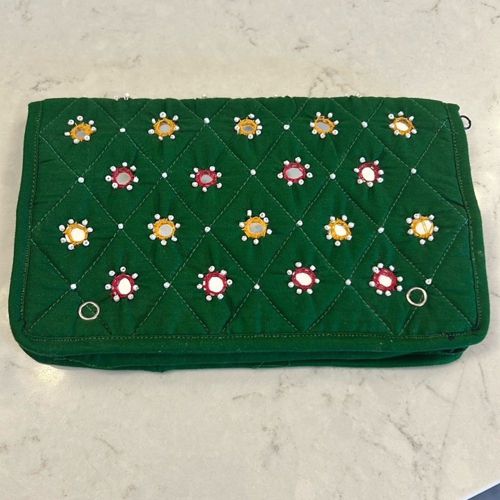 Belladona Women's Full Mirror Work Cotton Clutch in Dark Green